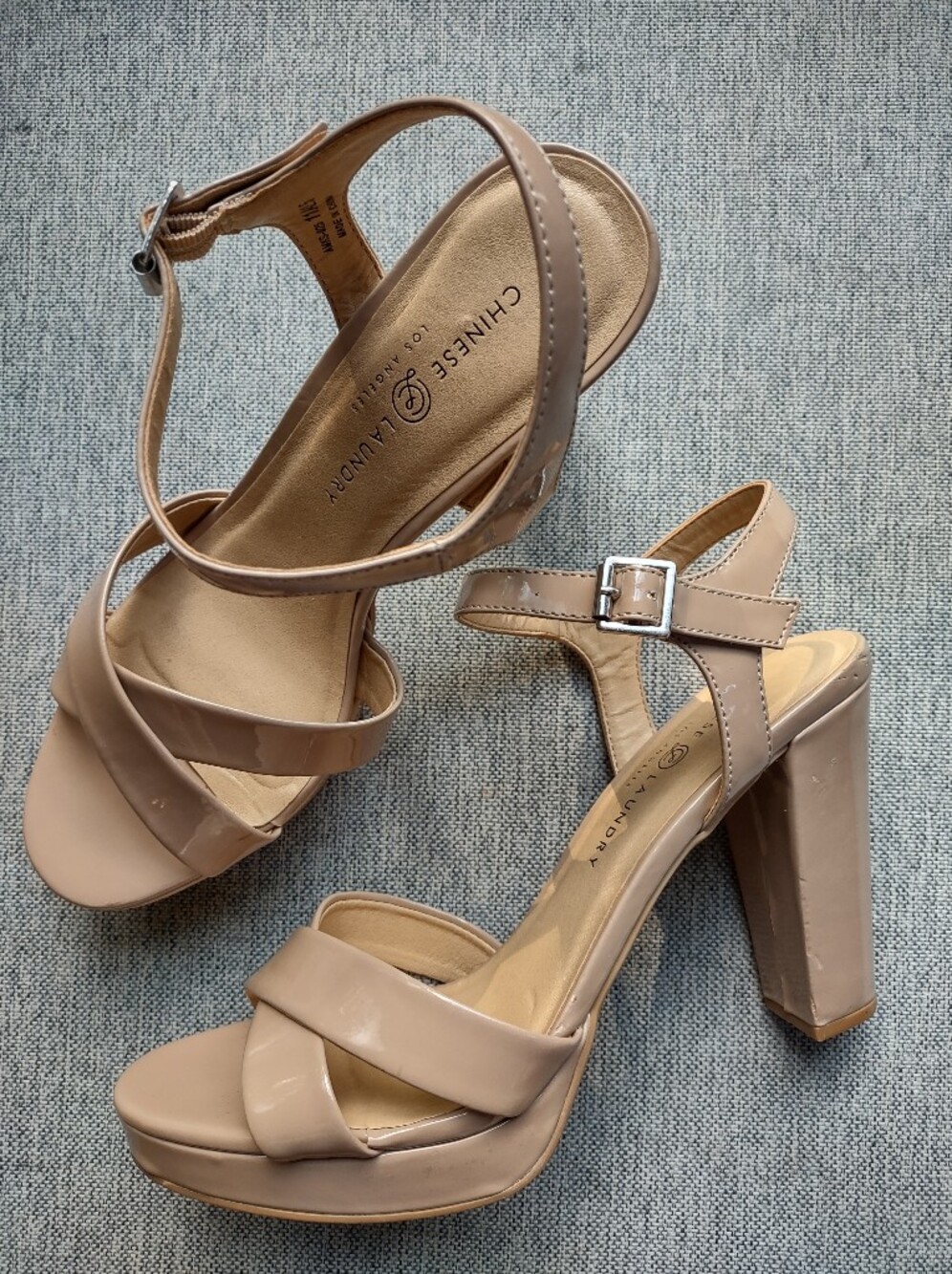 Chinese Laundry Nude Patent Leather Strappy Shoes Block Heel Platform Size 11